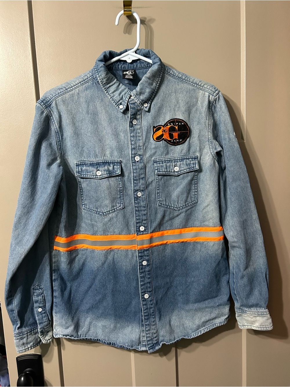 Sniper Gang Apparel Denim Button-Up Shirt with Orange Reflective Stripes